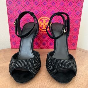 Tory Burch Black Crystal Wedges
